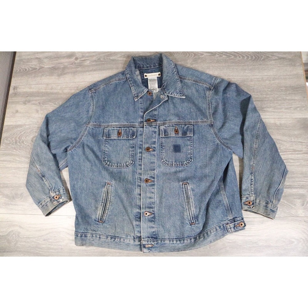 Vintage Carhartt Trucker Jacket Blue Jean Denim Work Coat Men's 2XL Model J186